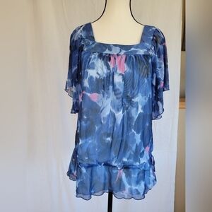 INC International Concepts Blue sheer flutter sleeve cinch side blouse S